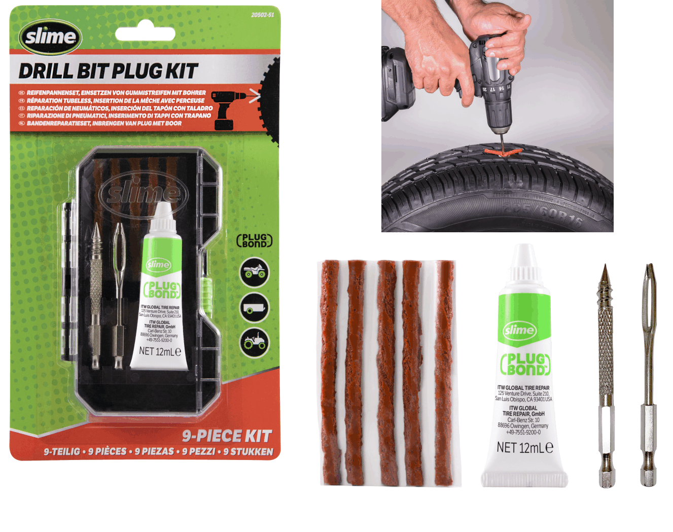 Slime Tyre Plug Reifen Reparaturset mit Einstzen fr die Bohrmaschine
